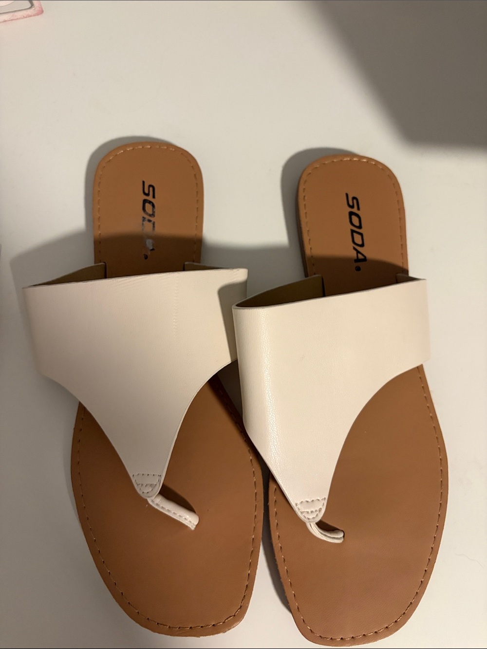 Soda Women's Cream Wide Band Toe-Post Sandals